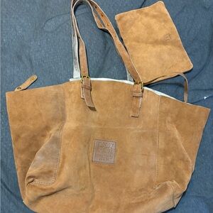 Haute Hippie Tan Suede Tote Bag Metallic Gold Interior Pouch Boho Festival Large